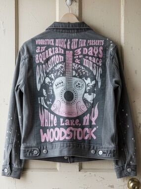 Woodstock Music Festival Theme Upcycled Denim Jacket Guitar